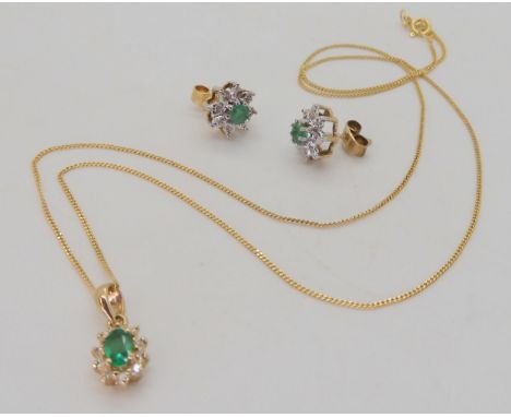 A 9ct emerald and diamond pendant with similar earrings, weight together 3.2gms To be sold on behalf of Chest Heart &amp; Str