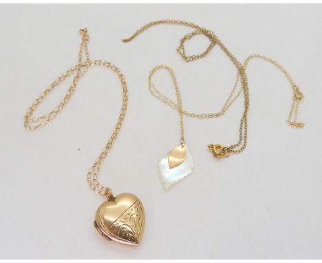 A 9ct gold back &amp; front locket with a 9ct chain, together with two further chains and a mother of pearl pendant, weight a