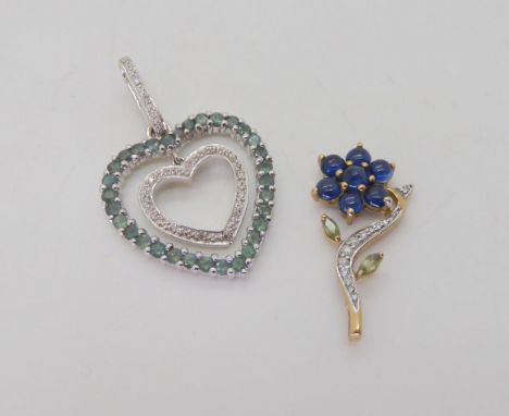 A 9ct gold kyanite, peridot and diamond flower pendant, length 3cm, together with a 9ct white gold green gem and diamond hear