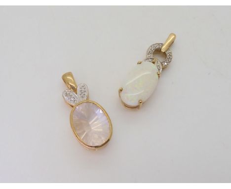 A 9ct gold white opal and diamond pendant, length 3.1cm,&nbsp; &nbsp;together with a&nbsp;9ct rose quartz and diamond accent 