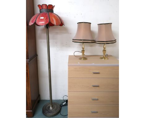 A 20th century metal based standard lamp with stained glass shade, 156cm high and a pair of brass based table lamps (3) Condi