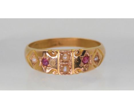 A 15ct gold red gem and pearl ring, hallmarked Birmingham 1906, size L, weight 2.3gms&nbsp; Condition Report:Available upon r