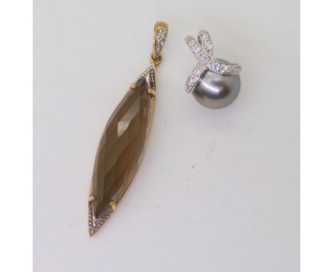 A 9ct gold diamond accent and smoky quartz pendant length with bail 4.7cm, together with a 9ct gold good quality grey pearl a