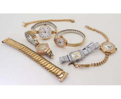 Four 9ct gold cased ladies vintage watches, weight with straps mechanisms etc 77.2gms, together with two further watch straps