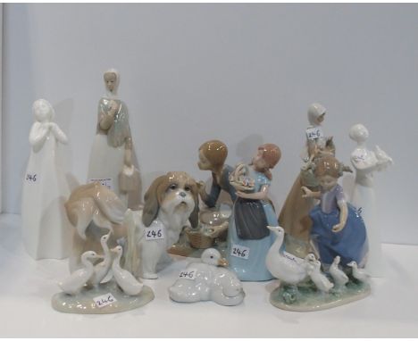 A collection of Lladro and Nao figures of girls and geese, together with two white glazed Doulton figures Condition Report:Av