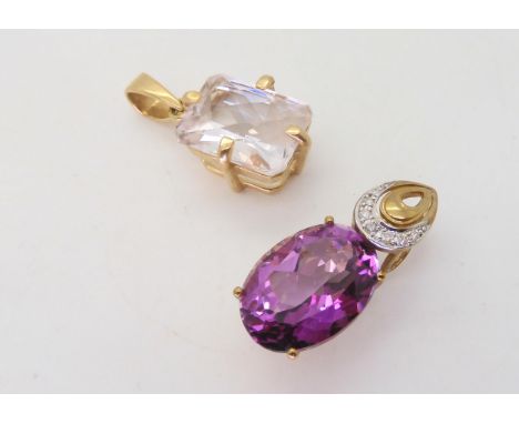 A 9ct gold manufactured purple gem and diamond pendant, together with a 9ct pale pink gem set pendant, weight together 11.6gm