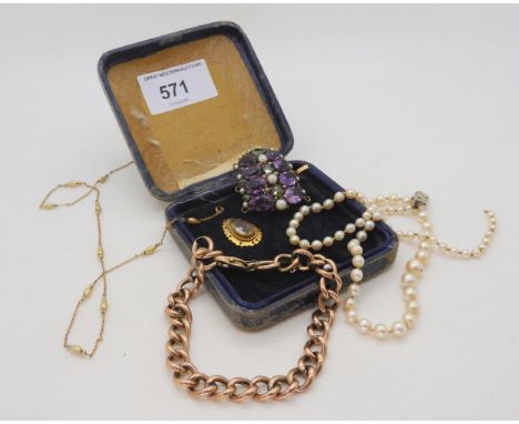 A yellow and white metal amethyst, pearl and green gem set multi strand necklace clasp, together with an (af) 9ct curb chain 