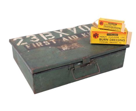 A British Army mechanized transport first aid tin and contents, 24 x 16 x 5.5 cm