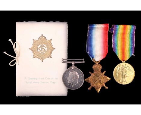 A 1914-15 Star, British War and Victory Medals to S4-084861 Pte H P Coates, Army Service Corps, with greetings card and facsi