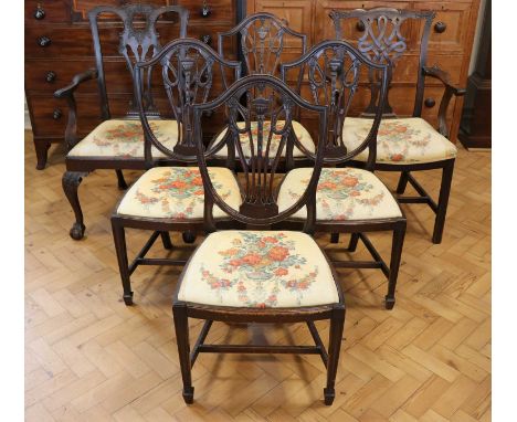 Six old reproduction mahogany dining chairs comprising four Hepplewhite shield-backs and two Chippendale style armchairs, 99 