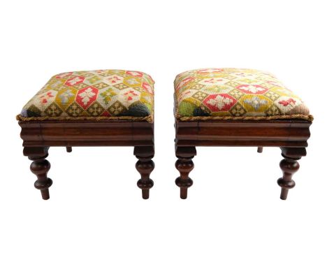 A pair of Victorian tapestry upholstered mahogany footstools, 30 x 30 x 27 cm