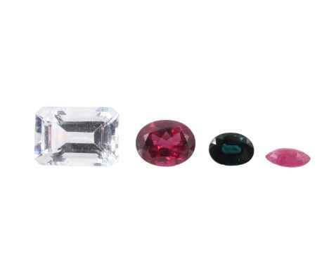 Four loose gemstones, comprising aquamarine, ruby, sapphire and garnet, aquamarine 14 x 10 mm