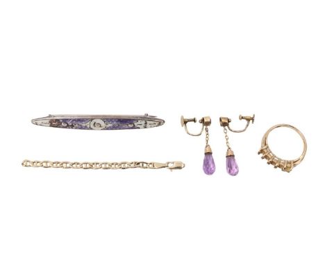 A 9 ct gold finger ring, a pair of yellow metal and amethyst earrings, an enamelled white metal brooch and a length of chain 