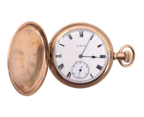 An Elgin rolled-gold hunter pocket watch, having a rose engine turned case with milled edge, the obverse cover centred by a s