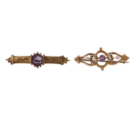 Two Victorian amethyst brooches, comprising a 9 ct gold bar brooch set with a hexagonal stone and decorated with engraved scr