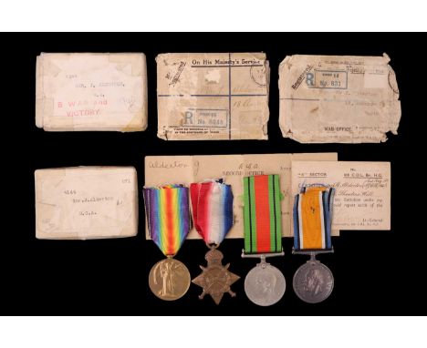 A 1914-15 Star, British War, Victory and Defence Medals to 4144 Gnr J Alderton, Royal Garrison Artillery, with cartons, envel