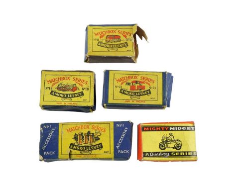 Three boxed Lesney Matchbox Series diecast vehicles, comprising Esso Tanker (No 11), Berkeley Cavalier (No 23), and Caterpill