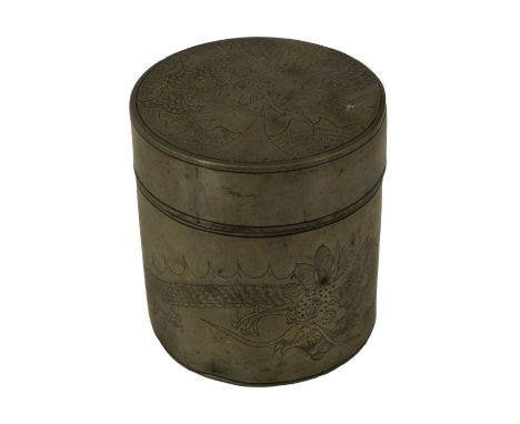 A 1930s Chinese pewter tea caddy, decorated with an engraved dragon, 10 x 9 cm
