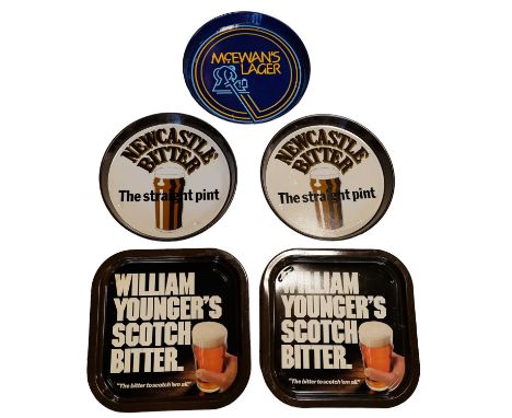 Five printed tinplate brewery advertising trays, comprising two William Younger's Scotch Bitter, two Newcastle Bitter, and a 
