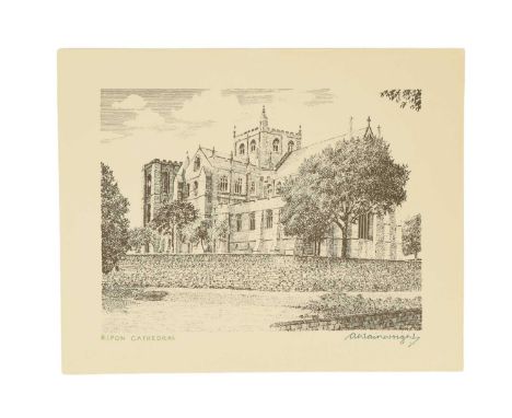 Alfred Wainwright (1907-1991)“Ripon Cathedral”, a bold, architectural study of the medieval church and grounds, print, signed
