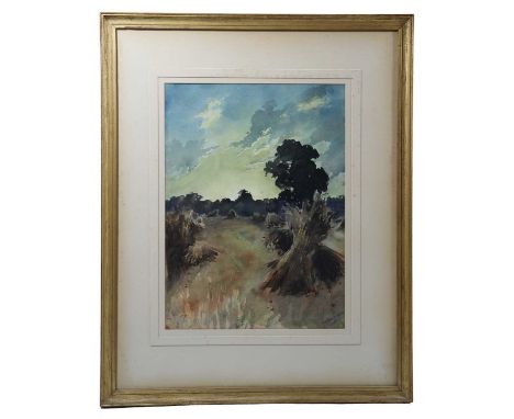 Frank R Dickinson (1874-1961) A dramatic, pastoral study of stooks of wheat gathered in a field, beyond trees sit silhouetted