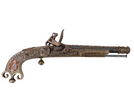 A reproduction Scottish all steel flintlock pistol, 7 inch barrel, the full length stock with rams horn butt and decorated wi