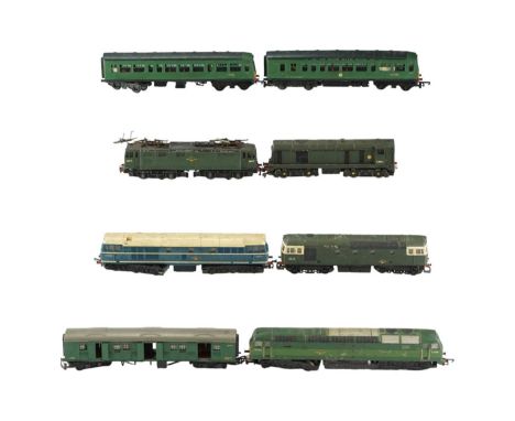 Four model railway diesel locomotives by Hornby, Triang, and Lima together with another locomotive and three Triang carriages