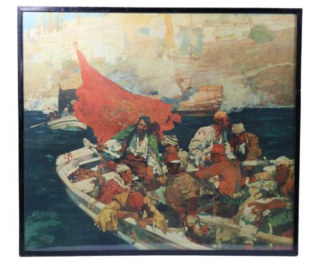 Frank Brangwyn (Welsh, 1857-1956) "Buccaneers", a dynamic seascape study of a small, cramped vessel full of downcast seamen, 