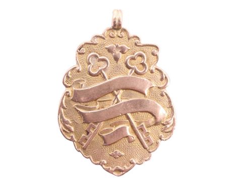 A 1930s 9 ct rose gold Royal Antediluvian Order of Buffaloes watch chain fob medallion, bearing the engraved inscription "Pre