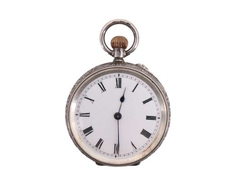 A continental .935 white-metal fob watch, having a crown-wound pin-set movement, white enamelled face, and blued steel poker 