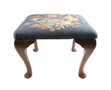 A George V tapestry upholstered walnut dressing table stool, 44 x 36 x 35 cm