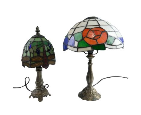 Two late 20th Century table lamps having leaded glass shades, the smaller decorated with Tiffany style dragonflies, largest 3