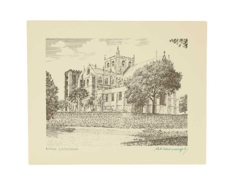 Alfred Wainwright (1907-1991)“Ripon Cathedral”, a bold, architectural study of the medieval church and grounds, print, signed