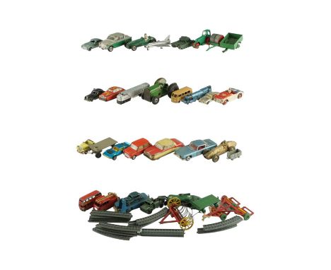 A group of vintage play-worn diecast and other toy cars, trains, boats and aeroplanes, including a Dinky Pullmore Car Transpo