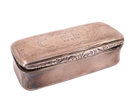 A Victorian silver snuff box, of oblong form with a hinged lid, having engine turned concave sides and gilt interior, the lid