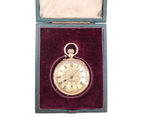 A cased early 20th Century 14 K yellow-metal pocket / fob watch, having a crown-wound pin-set movement, gilt metal face decor