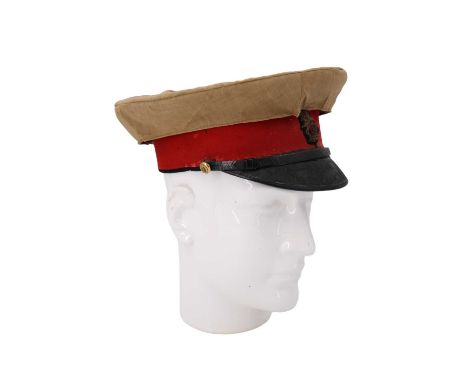 A Great War British army staff officer's forage cap with khaki crown cover, bearing George V chin strap buttons, by Hawkes &a