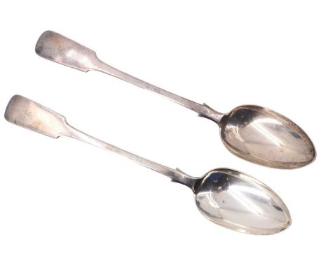 A pair of Scottish silver fiddle pattern basting spoons, the terminals engraved with an 'R', Edinburgh 1845, 206 g gross, 30.