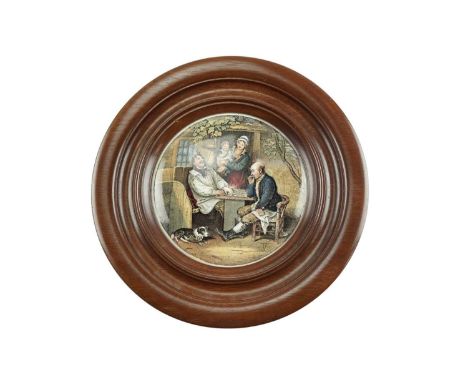 A framed Victorian Prattware pot lid depicting draughts players, 19.5 cm overall