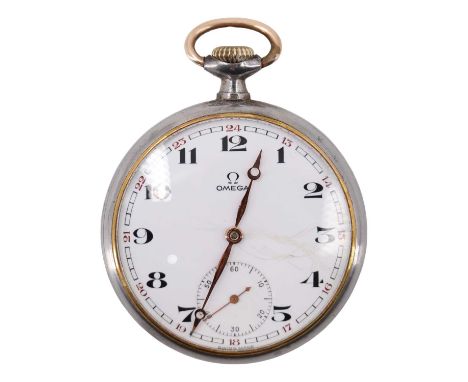 A 1920s Omega burnished steel pocket watch, having a crown wound 15 jewel movement and 24 hour dial with Arabic numerals and 