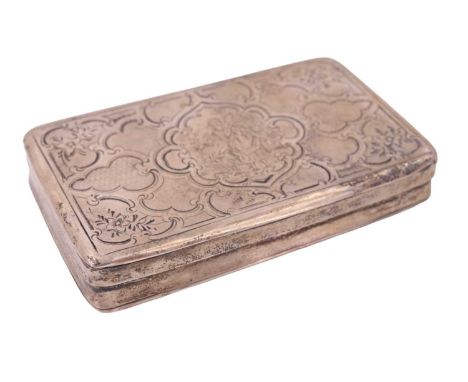 A mid 19th Century Italian white metal snuff box, the lid engraved in depiction of two ladies picking flowers within a scroll