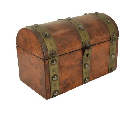 A Victorian brass-bound burr walnut two-compartment tea caddy, of arched section, 23 cm x 25 cm high