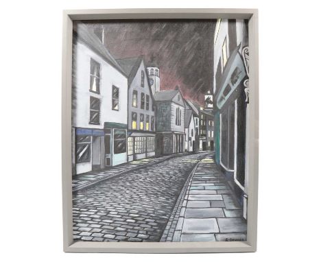 Regan Bevons (Contemporary) "Red Sky at Night, Church Street, Whitby", a bold, dark, stylized street scene with warm light st
