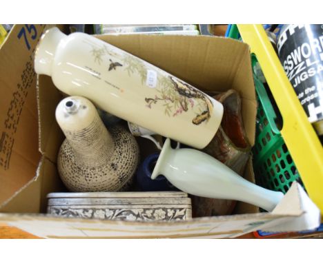 MIXED LOT OF TABLE LAMP BASE, VASES, POTTERY SHOE ETC