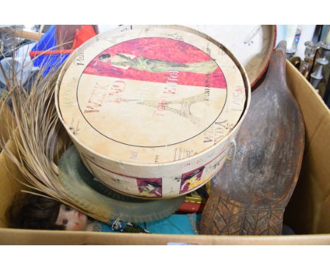 BOX OF MIXED WARES TO INCLUDE SMALL MANNEQUIN DOLL, PORCELAIN HEADED DOLL, WOODEN FRUIT BOWL, HAT BOXES, CERAMICS ETC