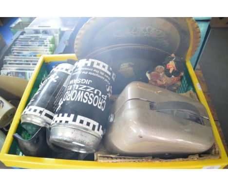 BOX CONTAINING PROJECTOR, BRASS PLATE, TINNED JIGSAWS ETC