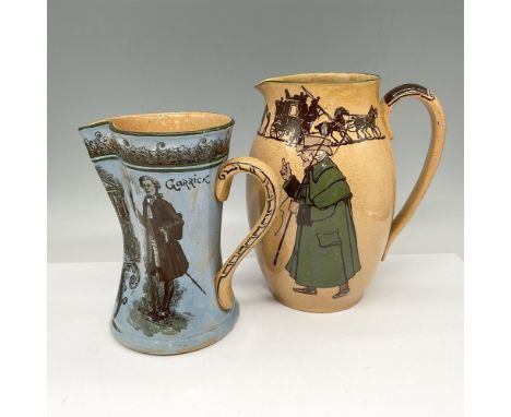 Stoneware pitchers with The Coachman with stagecoach design above and David Gorrick in blue background designed with his firs