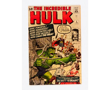Incredible Hulk 5 (1963) Cents copy. Minor Marvel edge chips, light tan pages. Very light vertical fold to all pages [vg/fn].