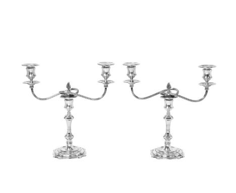 A Pair of Elizabeth II Silver Two-Light Candelabra,  by James Dixon and Sons Ltd., Sheffield, 1968 each in the George II styl