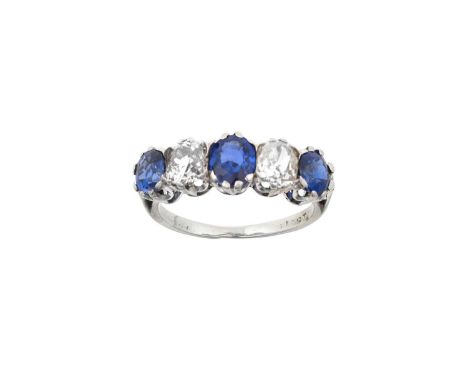 A Sapphire and Diamond Five Stone Ringthree oval cut sapphires alternate with two old cut diamonds, in white claw settings, t